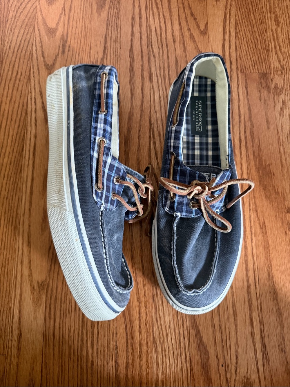 Sperry Men's Navy Canvas Plaid-Lined Boat Shoes with Tan Laces